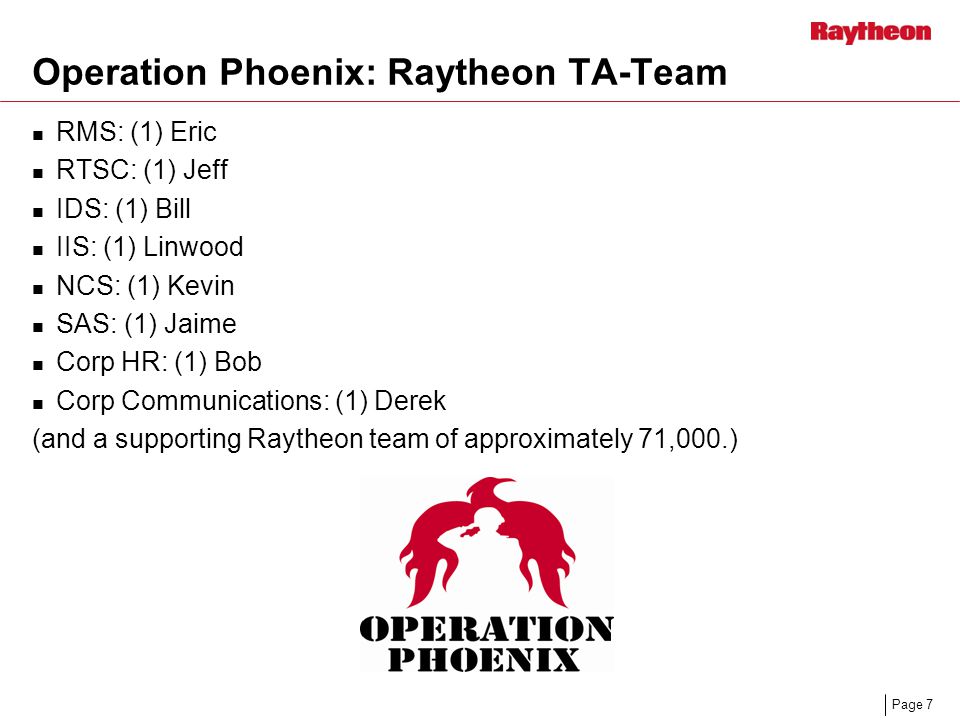Page 7 Operation Phoenix: Raytheon TA-Team RMS: (1) Eric RTSC: (1) Jeff IDS: (1) Bill IIS: (1) Linwood NCS: (1) Kevin SAS: (1) Jaime Corp HR: (1) Bob Corp Communications: (1) Derek (and a supporting Raytheon team of approximately 71,000.)