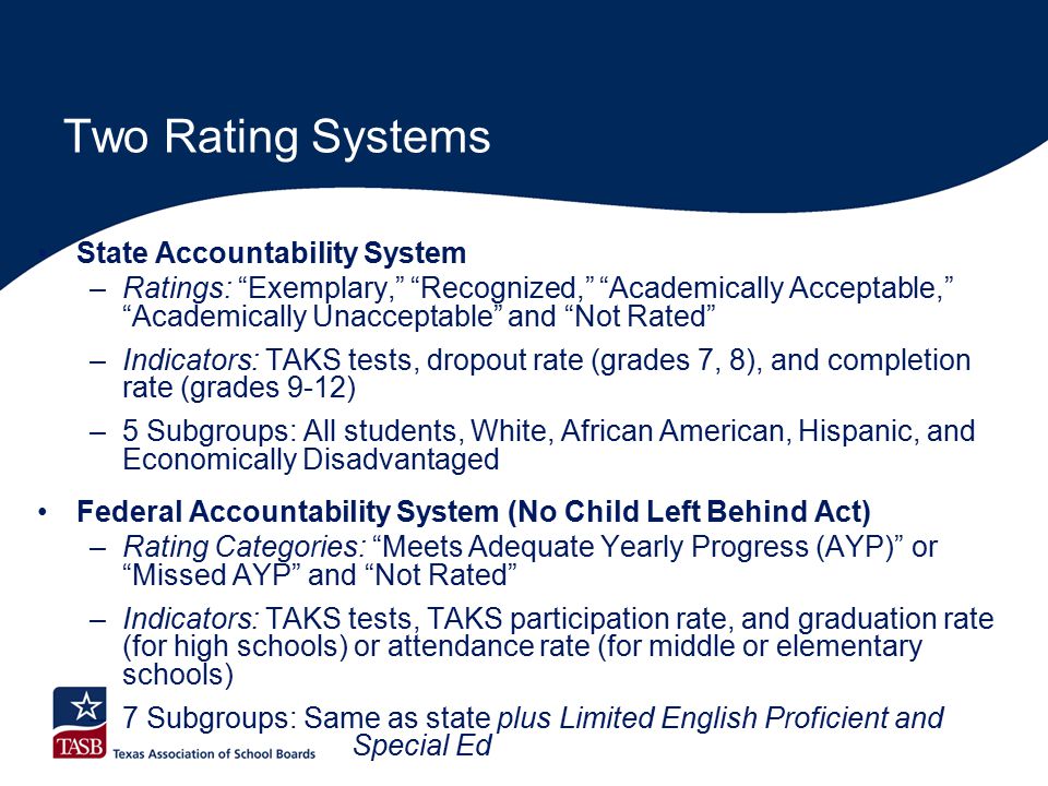Two Rating Systems State Accountability System –Ratings: Exemplary, Recognized, Academically Acceptable, Academically Unacceptable and Not Rated –Indicators: TAKS tests, dropout rate (grades 7, 8), and completion rate (grades 9-12) –5 Subgroups: All students, White, African American, Hispanic, and Economically Disadvantaged Federal Accountability System (No Child Left Behind Act) –Rating Categories: Meets Adequate Yearly Progress (AYP) or Missed AYP and Not Rated –Indicators: TAKS tests, TAKS participation rate, and graduation rate (for high schools) or attendance rate (for middle or elementary schools) –7 Subgroups: Same as state plus Limited English Proficient and Special Ed
