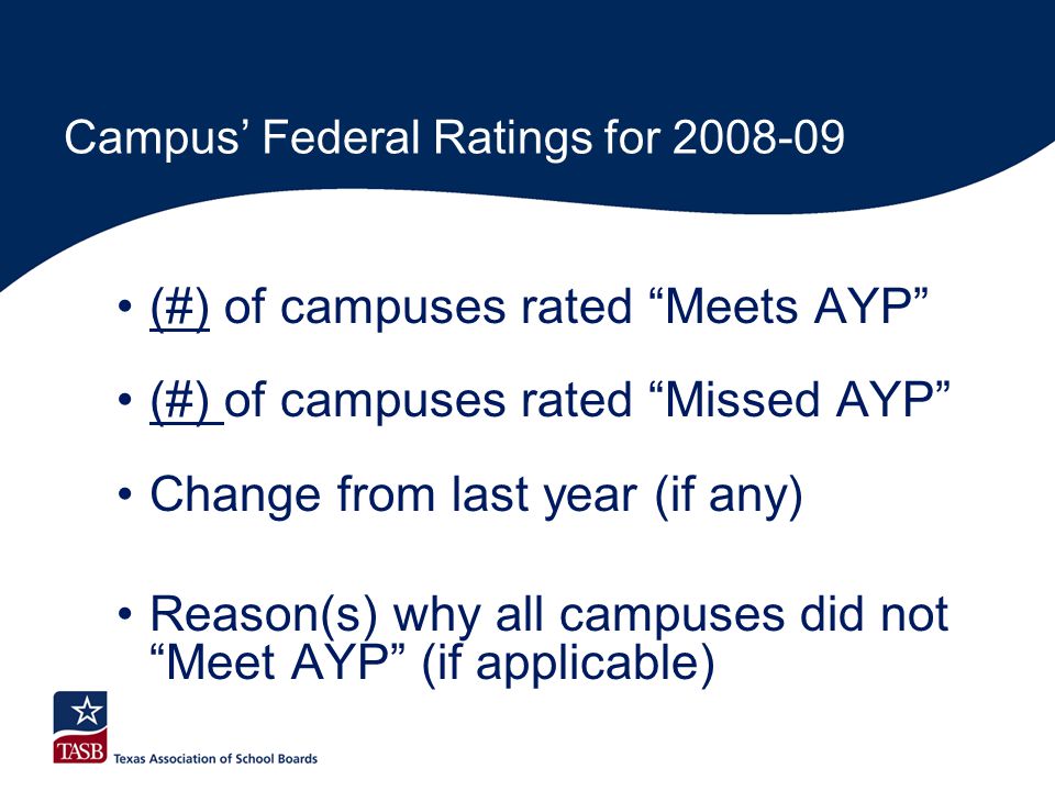 Campus’ Federal Ratings for (#) of campuses rated Meets AYP (#) of campuses rated Missed AYP Change from last year (if any) Reason(s) why all campuses did not Meet AYP (if applicable)