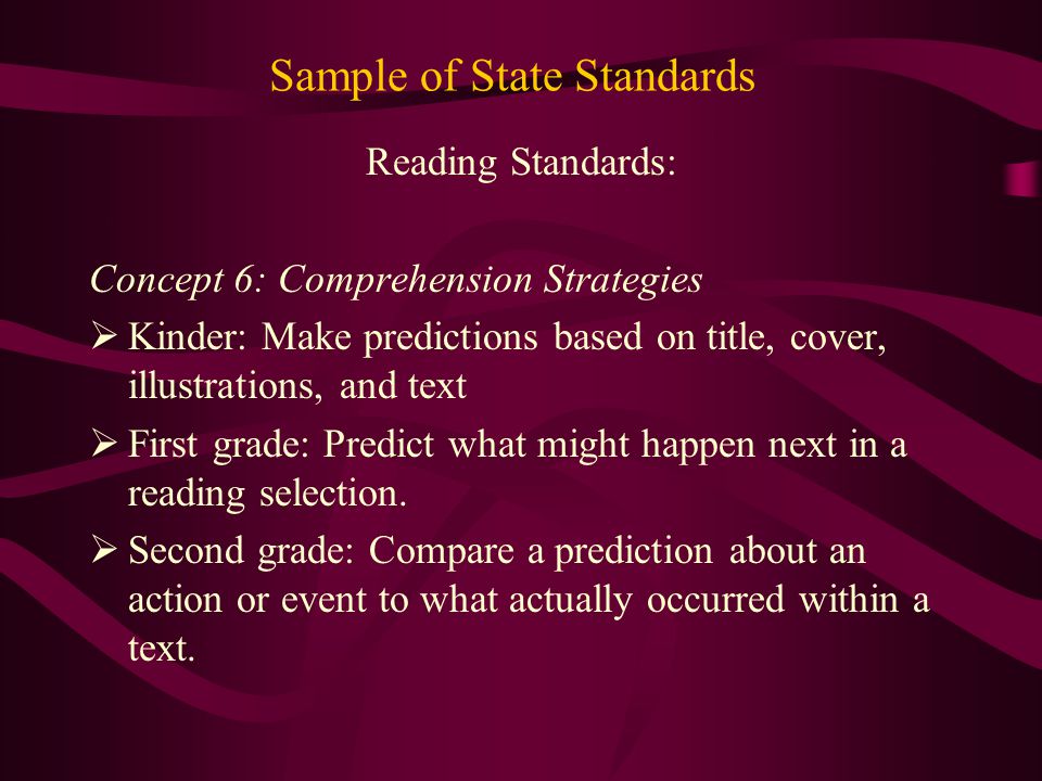 Sample of State Standards Reading Standards: Concept 6: Comprehension Strategies  Kinder: Make predictions based on title, cover, illustrations, and text  First grade: Predict what might happen next in a reading selection.