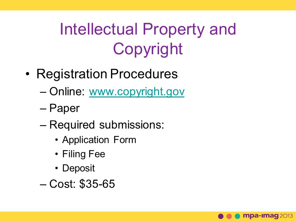 Intellectual Property and Copyright Registration Procedures –Online:   –Paper –Required submissions: Application Form Filing Fee Deposit –Cost: $35-65