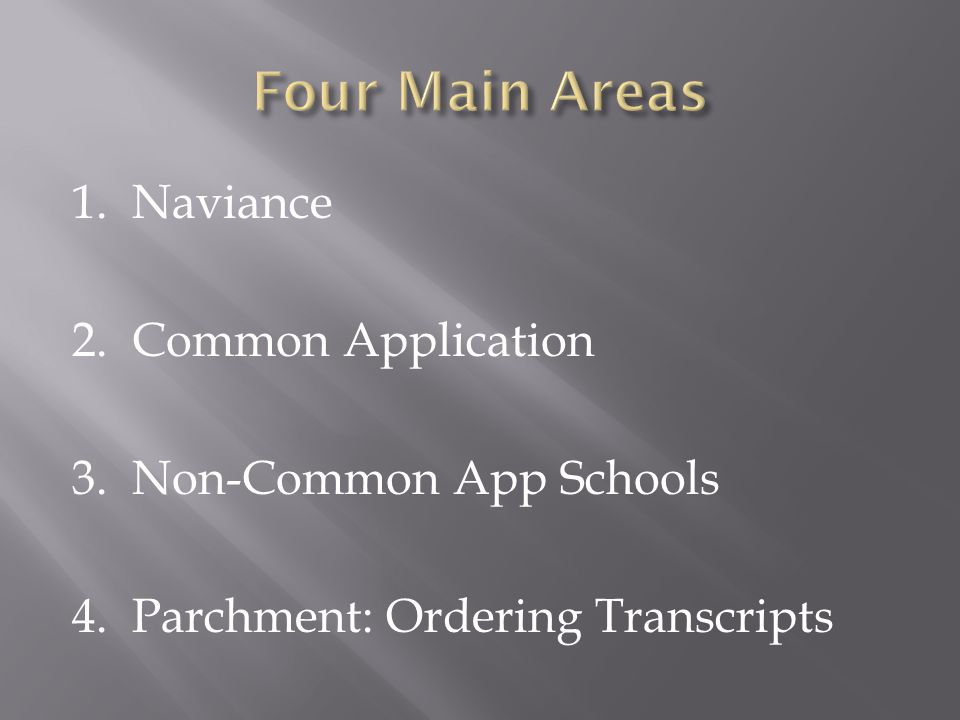 1. Naviance 2. Common Application 3. Non-Common App Schools 4. Parchment: Ordering Transcripts