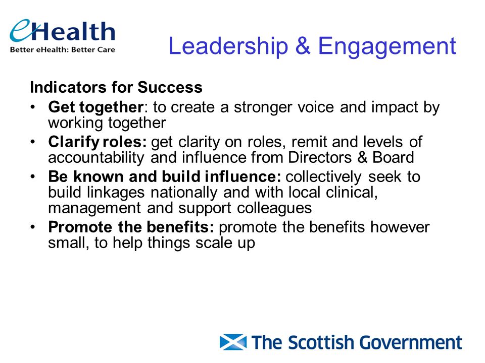 Indicators for Success Get together: to create a stronger voice and impact by working together Clarify roles: get clarity on roles, remit and levels of accountability and influence from Directors & Board Be known and build influence: collectively seek to build linkages nationally and with local clinical, management and support colleagues Promote the benefits: promote the benefits however small, to help things scale up Leadership & Engagement