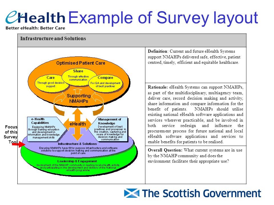 Example of Survey layout Focus of this Survey Tool Infrastructure and Solutions Definition: Current and future eHealth Systems support NMAHPs delivered safe, effective, patient centred, timely, efficient and equitable healthcare.