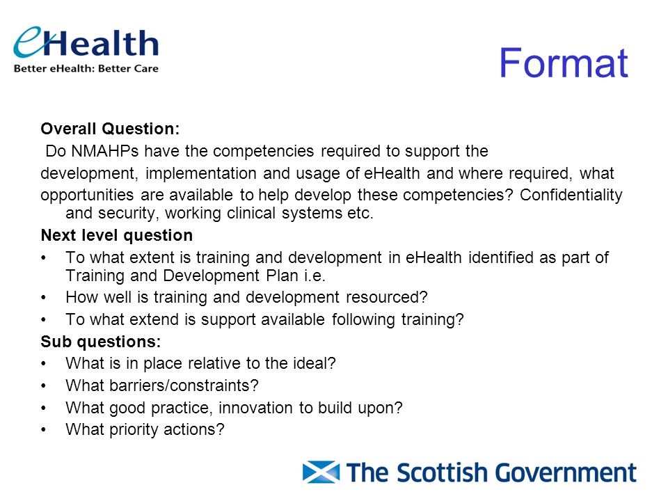 Format Overall Question: Do NMAHPs have the competencies required to support the development, implementation and usage of eHealth and where required, what opportunities are available to help develop these competencies.