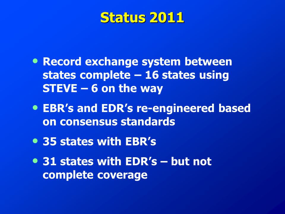 Status 2011 Record exchange system between states complete – 16 states using STEVE – 6 on the way EBR’s and EDR’s re-engineered based on consensus standards 35 states with EBR’s 31 states with EDR’s – but not complete coverage