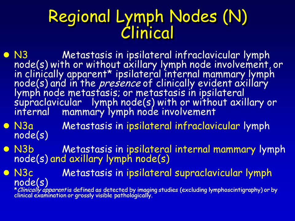 Regional Lymph Nodes (N) Clinical l N3 Metastasis in ipsilateral infraclavicular lymph node(s) with or without axillary lymph node involvement, or in clinically apparent* ipsilateral internal mammary lymph node(s) and in the presence of clinically evident axillary lymph node metastasis; or metastasis in ipsilateral supraclavicular lymph node(s) with or without axillary or internal mammary lymph node involvement l N3a Metastasis in ipsilateral infraclavicular lymph node(s) l N3b Metastasis in ipsilateral internal mammary lymph node(s) and axillary lymph node(s) l N3c Metastasis in ipsilateral supraclavicular lymph node(s) *Clinically apparent is defined as detected by imaging studies (excluding lymphoscintigraphy) or by clinical examination or grossly visible pathologically.