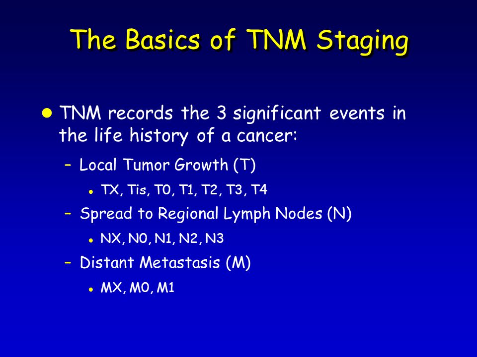 The Basics of TNM Staging l TNM records the 3 significant events in the life history of a cancer: –Local Tumor Growth (T) l TX, Tis, T0, T1, T2, T3, T4 –Spread to Regional Lymph Nodes (N) l NX, N0, N1, N2, N3 –Distant Metastasis (M) l MX, M0, M1