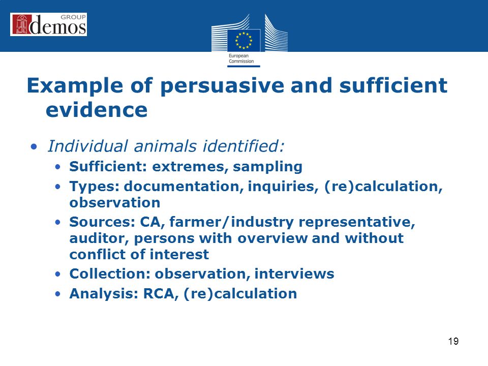 Example of persuasive and sufficient evidence Individual animals identified: Sufficient: extremes, sampling Types: documentation, inquiries, (re)calculation, observation Sources: CA, farmer/industry representative, auditor, persons with overview and without conflict of interest Collection: observation, interviews Analysis: RCA, (re)calculation 19