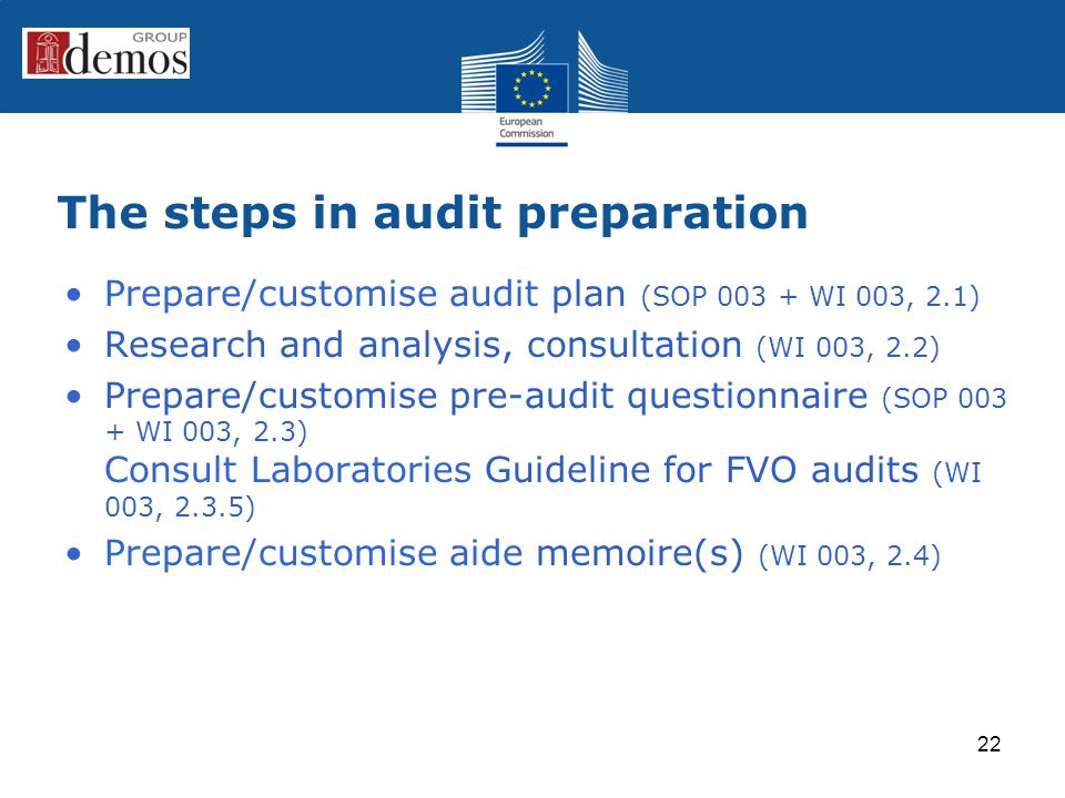 The steps in audit preparation Prepare/customise audit plan (SOP WI 003, 2.1) Research and analysis, consultation (WI 003, 2.2) Prepare/customise pre-audit questionnaire (SOP WI 003, 2.3) Consult Laboratories Guideline for FVO audits (WI 003, 2.3.5) Prepare/customise aide memoire(s) (WI 003, 2.4) 22