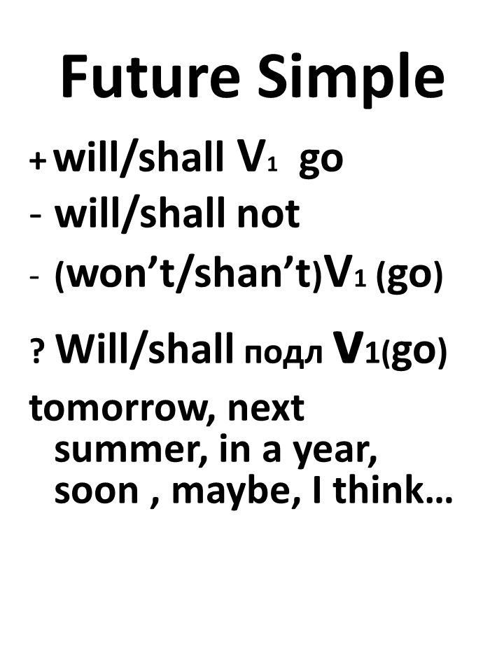 Future Simple + will/shall V 1 go -will/shall not -( won’t/shan’t ) V 1 ( go ) .