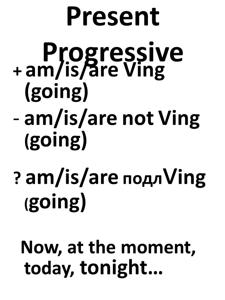 Present Progressive + am/is/are Ving (going) -am/is/are not Ving ( going) .
