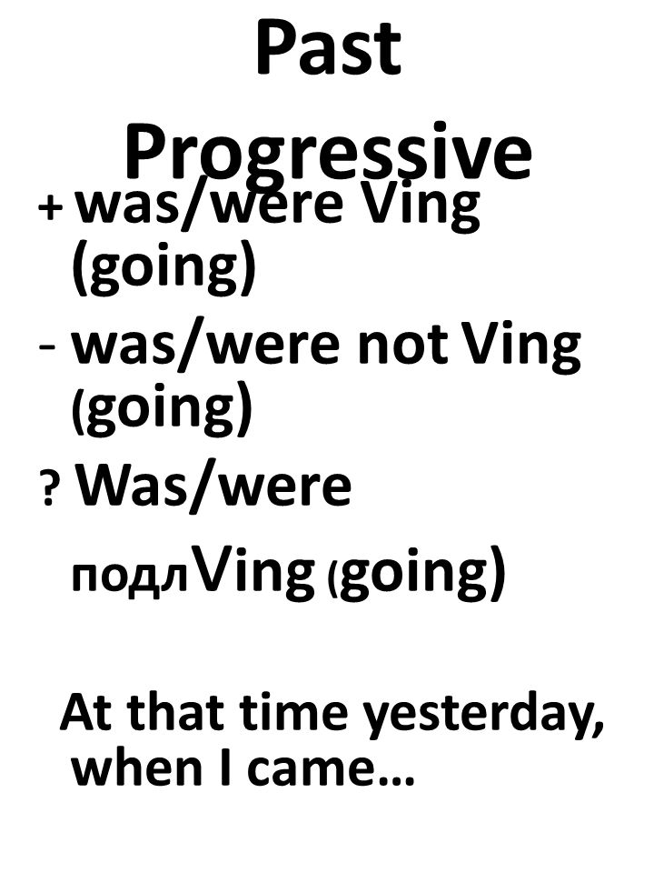 Past Progressive + was/were Ving (going) -was/were not Ving ( going) .