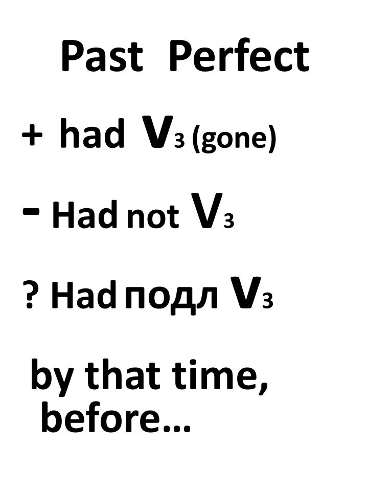 Past Perfect + had v 3 (gone) - Had not V 3 Had подл v 3 by that time, before…