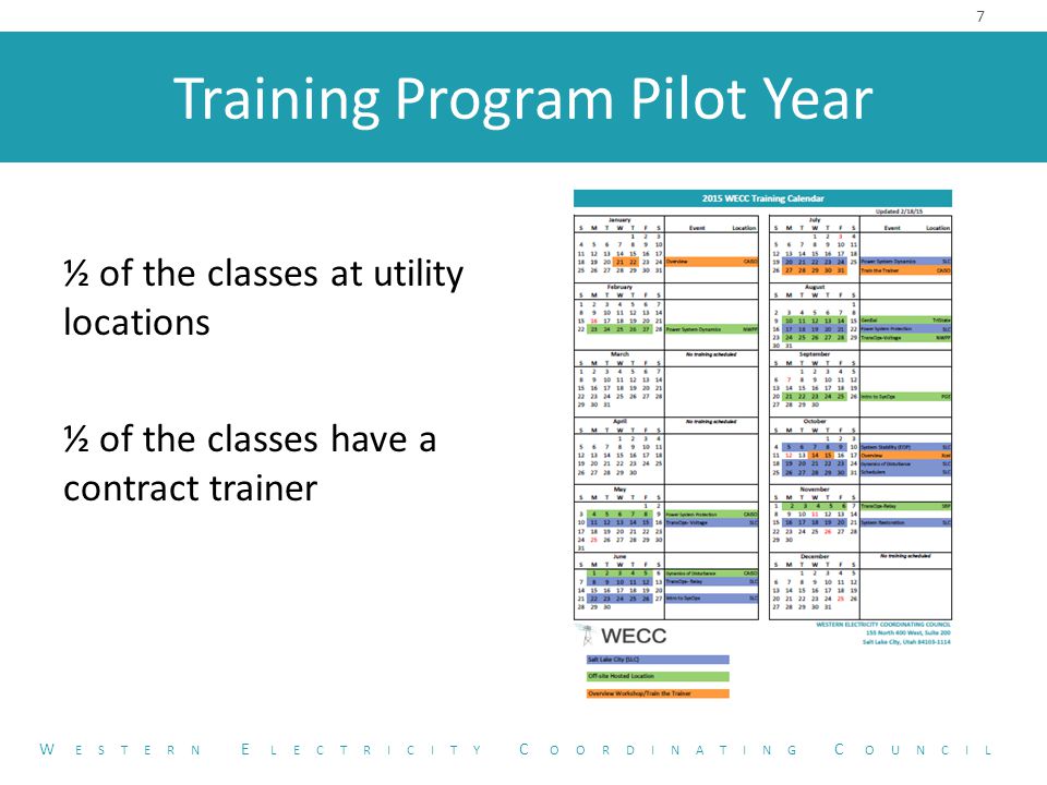 Training Program Pilot Year ½ of the classes at utility locations ½ of the classes have a contract trainer 7 W ESTERN E LECTRICITY C OORDINATING C OUNCIL