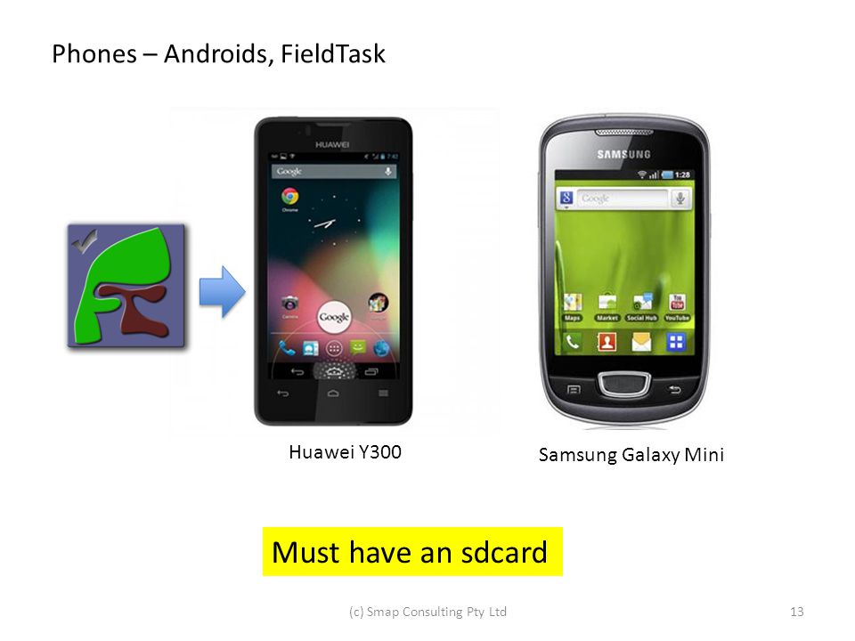 Phones – Androids, FieldTask Huawei Y300 Samsung Galaxy Mini (c) Smap Consulting Pty Ltd13 Must have an sdcard