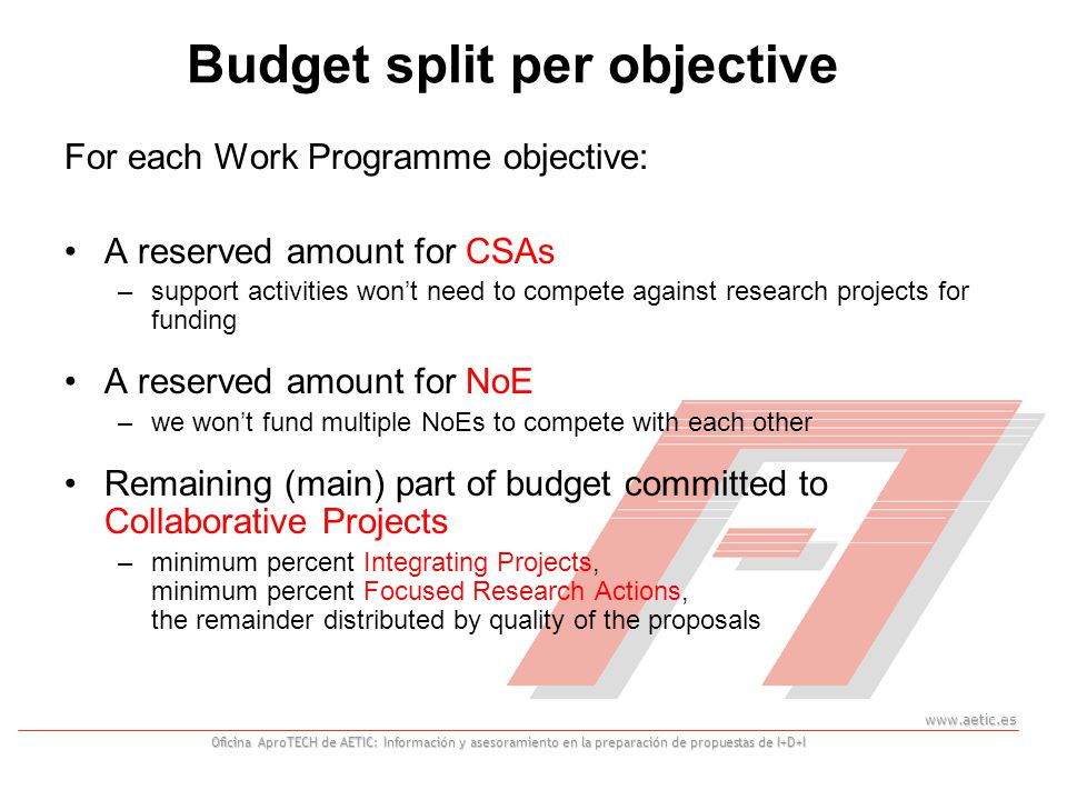 Oficina AproTECH de AETIC: Información y asesoramiento en la preparación de propuestas de I+D+I Budget split per objective For each Work Programme objective: A reserved amount for CSAs –support activities won’t need to compete against research projects for funding A reserved amount for NoE –we won’t fund multiple NoEs to compete with each other Remaining (main) part of budget committed to Collaborative Projects –minimum percent Integrating Projects, minimum percent Focused Research Actions, the remainder distributed by quality of the proposals