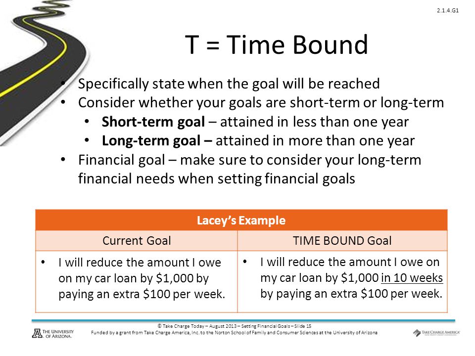 © Take Charge Today – August 2013 – Setting Financial Goals – Slide 15 Funded by a grant from Take Charge America, Inc.