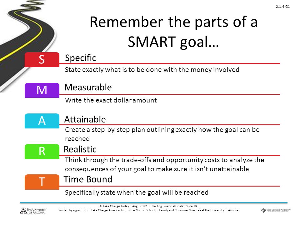 © Take Charge Today – August 2013 – Setting Financial Goals – Slide 18 Funded by a grant from Take Charge America, Inc.