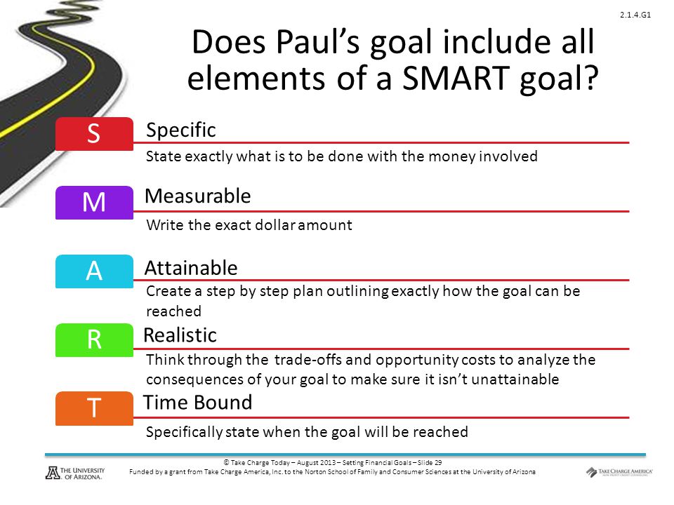 © Take Charge Today – August 2013 – Setting Financial Goals – Slide 29 Funded by a grant from Take Charge America, Inc.