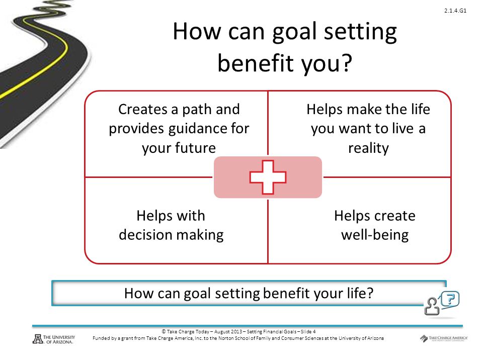 © Take Charge Today – August 2013 – Setting Financial Goals – Slide 4 Funded by a grant from Take Charge America, Inc.