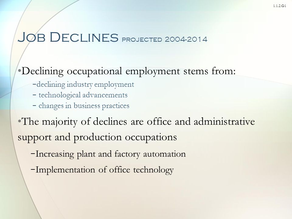 1.1.2.G1 Job Declines projected Declining occupational employment stems from: − declining industry employment − technological advancements − changes in business practices The majority of declines are office and administrative support and production occupations − Increasing plant and factory automation − Implementation of office technology