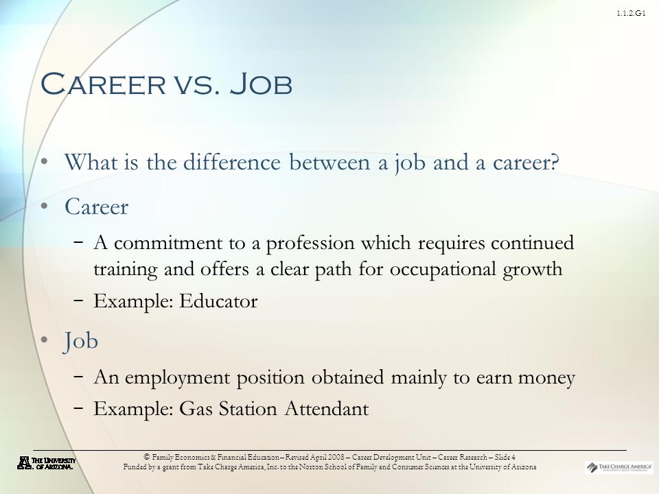 1.1.2.G1 © Family Economics & Financial Education – Revised April 2008 – Career Development Unit – Career Research – Slide 4 Funded by a grant from Take Charge America, Inc.