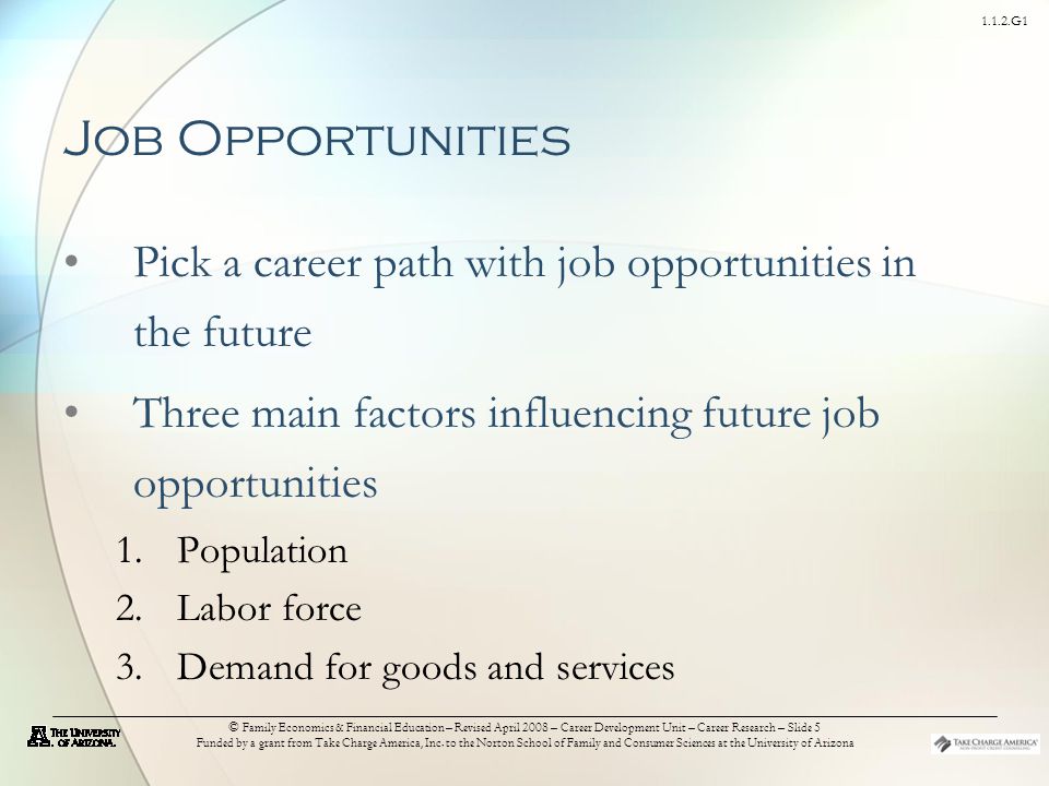 1.1.2.G1 © Family Economics & Financial Education – Revised April 2008 – Career Development Unit – Career Research – Slide 5 Funded by a grant from Take Charge America, Inc.