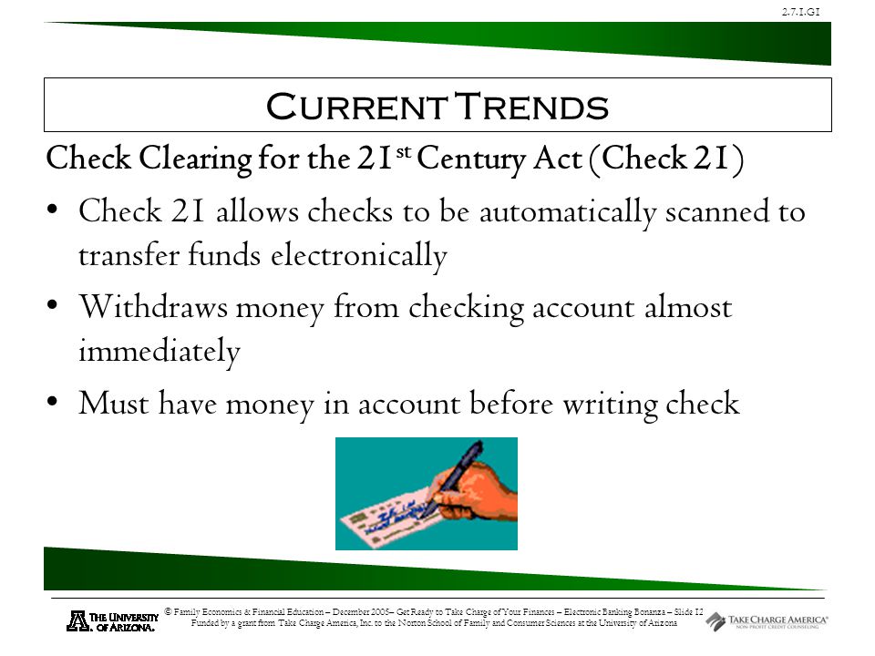 2.7.1.G1 © Family Economics & Financial Education – December 2005– Get Ready to Take Charge of Your Finances – Electronic Banking Bonanza – Slide 12 Funded by a grant from Take Charge America, Inc.