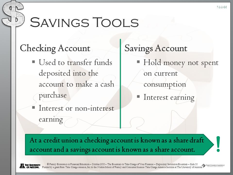 © Family Economics & Financial Education – October 2010 – The Essentials to Take Charge of Your Finances – Depository Institution Essentials – Slide 10 Funded by a grant from Take Charge America, Inc.