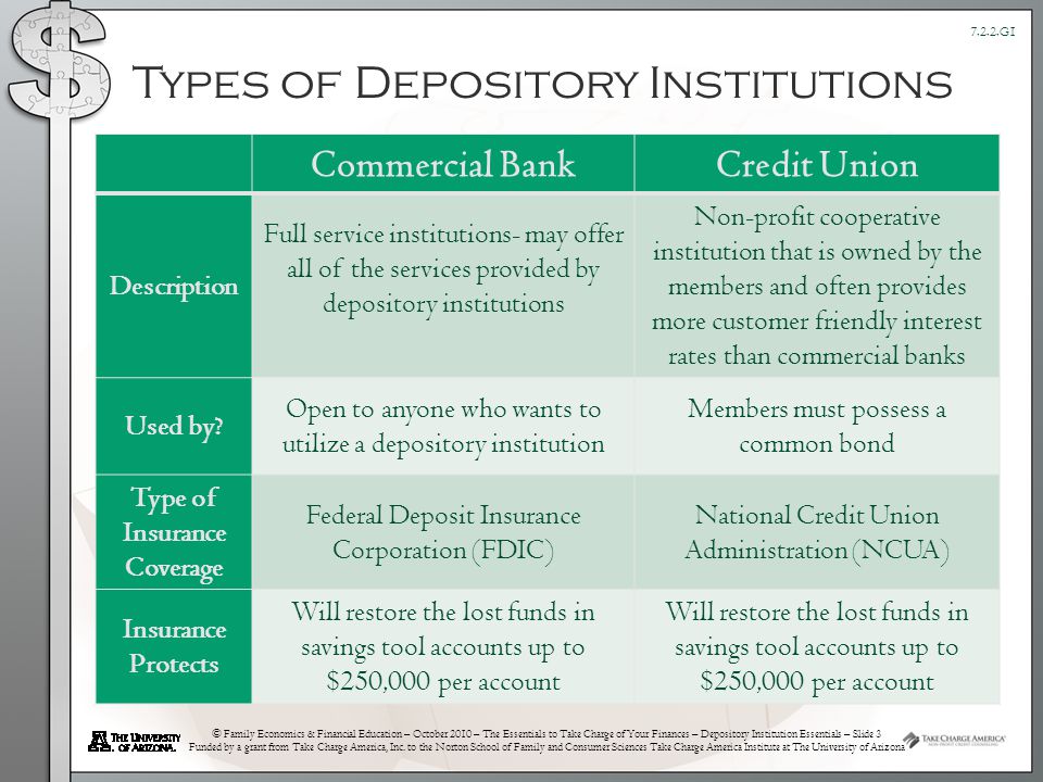 © Family Economics & Financial Education – October 2010 – The Essentials to Take Charge of Your Finances – Depository Institution Essentials – Slide 3 Funded by a grant from Take Charge America, Inc.