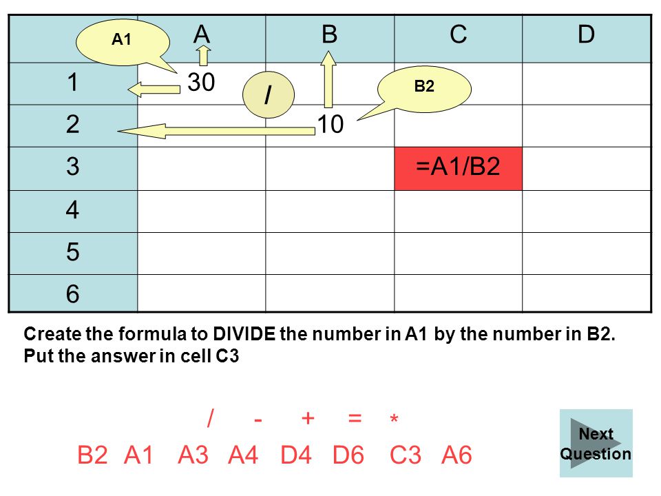 ABCD =+ A6B2 A3 D4A4D6C3A1 Create the formula to DIVIDE the number in A1 by the number in B2.