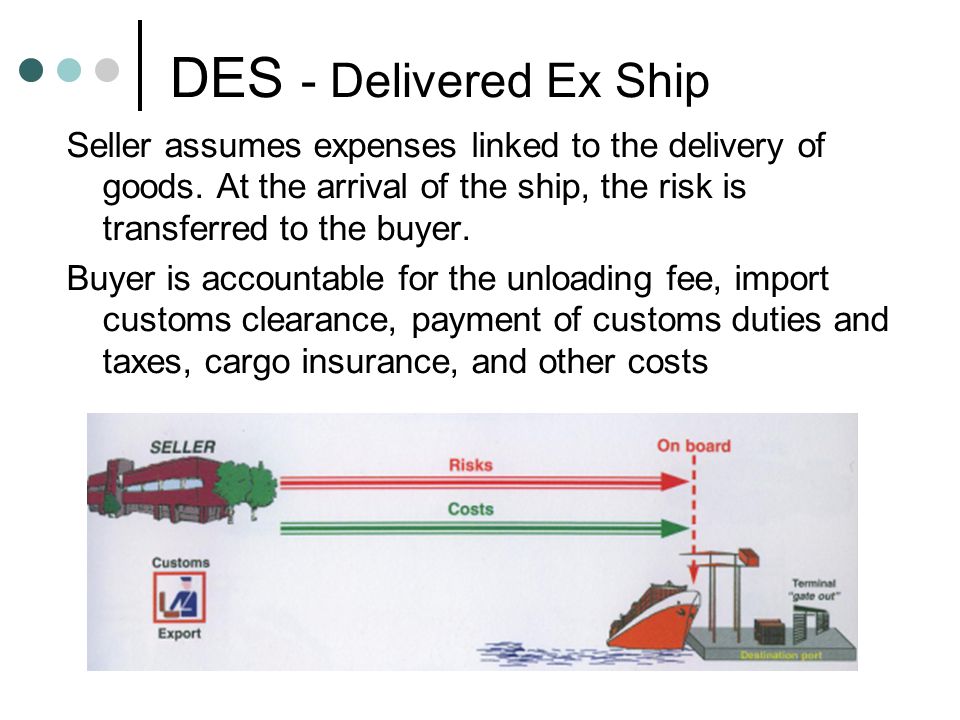 DES - Delivered Ex Ship Seller assumes expenses linked to the delivery of goods.