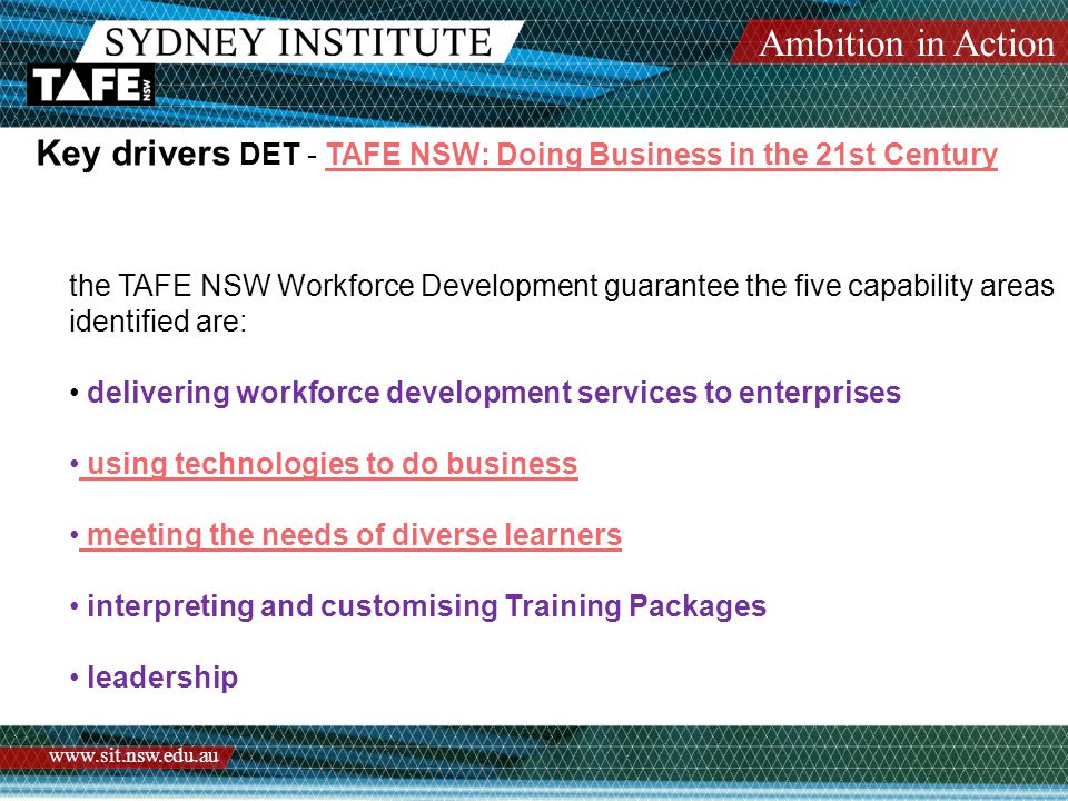 Ambition in Action   Key drivers DET - TAFE NSW: Doing Business in the 21st CenturyTAFE NSW: Doing Business in the 21st Century the TAFE NSW Workforce Development guarantee the five capability areas identified are: delivering workforce development services to enterprises using technologies to do business meeting the needs of diverse learners interpreting and customising Training Packages leadership
