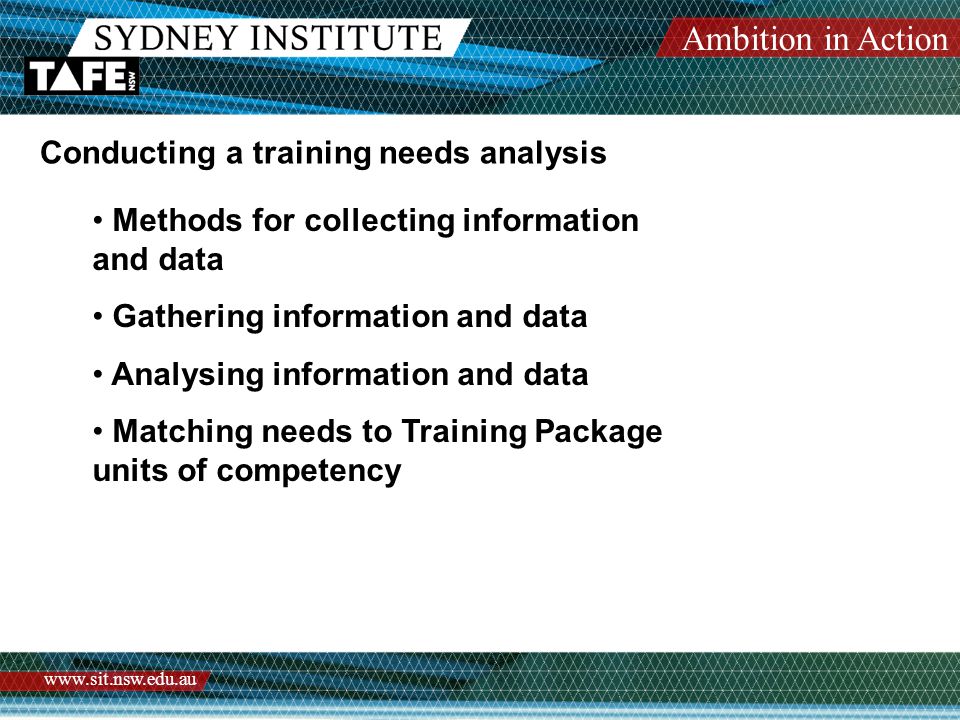 Ambition in Action   Conducting a training needs analysis Methods for collecting information and data Gathering information and data Analysing information and data Matching needs to Training Package units of competency