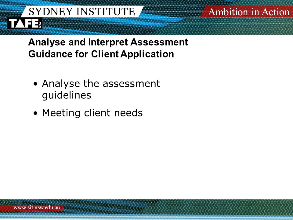 Ambition in Action   Analyse and Interpret Assessment Guidance for Client Application Analyse the assessment guidelines Meeting client needs