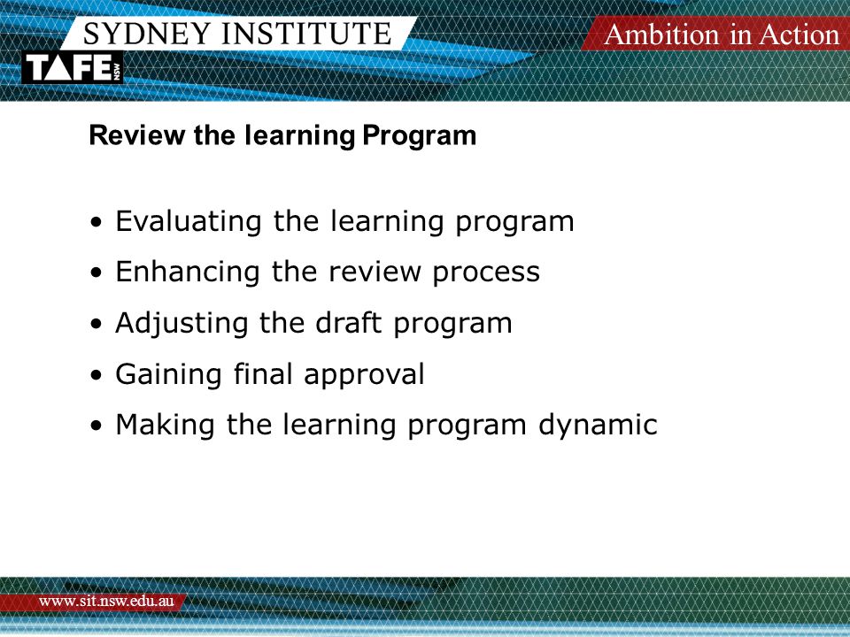 Ambition in Action   Review the learning Program Evaluating the learning program Enhancing the review process Adjusting the draft program Gaining final approval Making the learning program dynamic