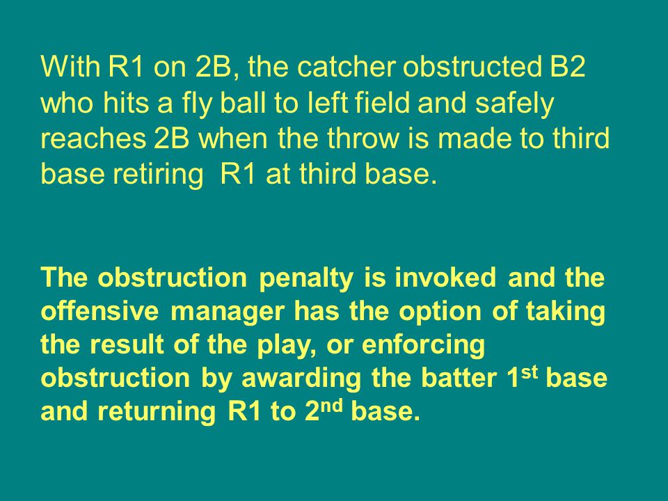 The obstruction penalty is invoked and the offensive manager has the option of taking the result of the play, or enforcing obstruction by awarding the batter 1 st base and returning R1 to 2 nd base.