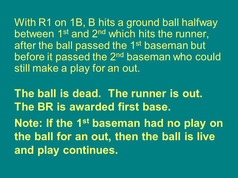 With R1 on 1B, B hits a ground ball halfway between 1 st and 2 nd which hits the runner, after the ball passed the 1 st baseman but before it passed the 2 nd baseman who could still make a play for an out.