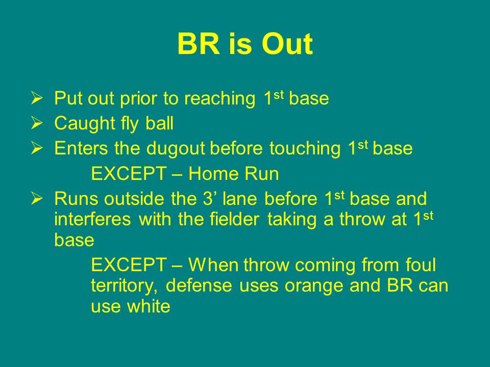 BR is Out  Put out prior to reaching 1 st base  Caught fly ball  Enters the dugout before touching 1 st base EXCEPT – Home Run  Runs outside the 3’ lane before 1 st base and interferes with the fielder taking a throw at 1 st base EXCEPT – When throw coming from foul territory, defense uses orange and BR can use white