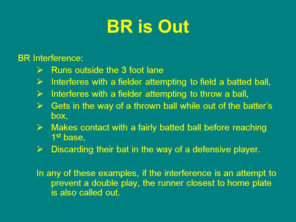 BR is Out BR Interference:  Runs outside the 3 foot lane  Interferes with a fielder attempting to field a batted ball,  Interferes with a fielder attempting to throw a ball,  Gets in the way of a thrown ball while out of the batter’s box,  Makes contact with a fairly batted ball before reaching 1 st base,  Discarding their bat in the way of a defensive player.