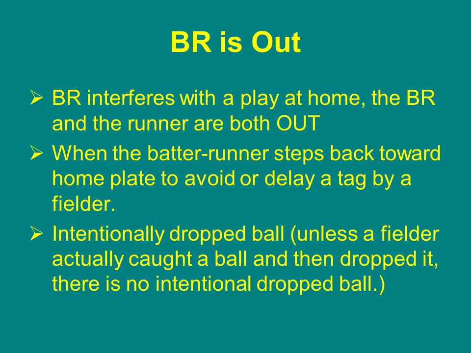 BR is Out  BR interferes with a play at home, the BR and the runner are both OUT  When the batter-runner steps back toward home plate to avoid or delay a tag by a fielder.