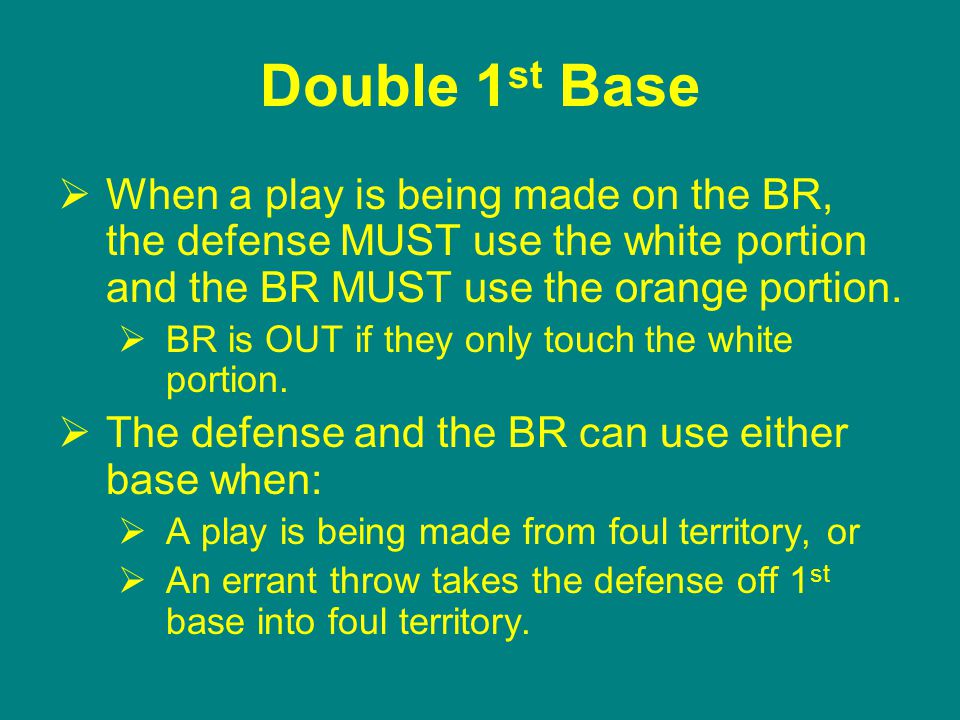 Double 1 st Base  When a play is being made on the BR, the defense MUST use the white portion and the BR MUST use the orange portion.