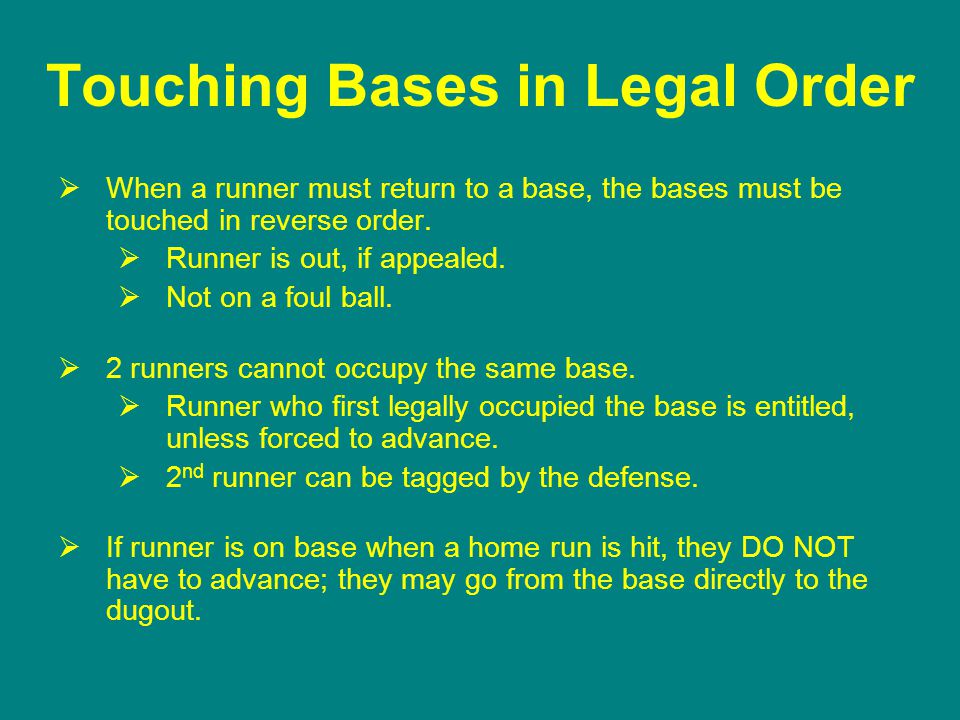 Touching Bases in Legal Order  When a runner must return to a base, the bases must be touched in reverse order.