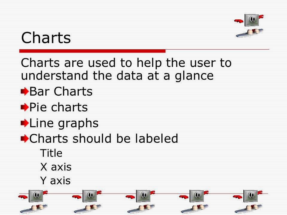 Charts Charts are used to help the user to understand the data at a glance Bar Charts Pie charts Line graphs Charts should be labeled Title X axis Y axis