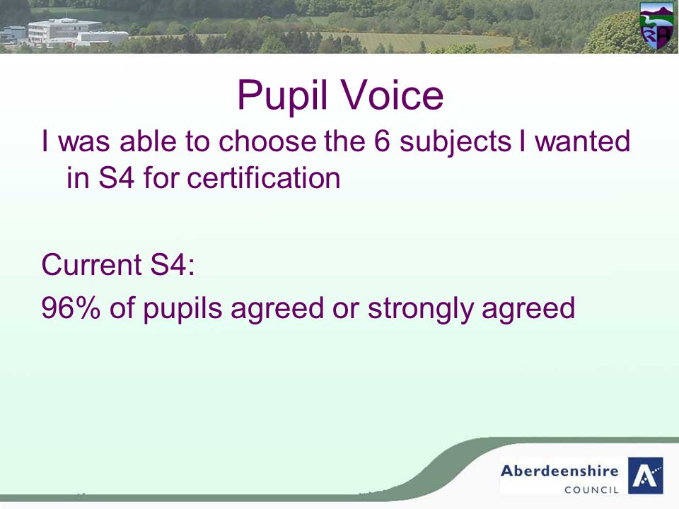 Pupil Voice I was able to choose the 6 subjects I wanted in S4 for certification Current S4: 96% of pupils agreed or strongly agreed