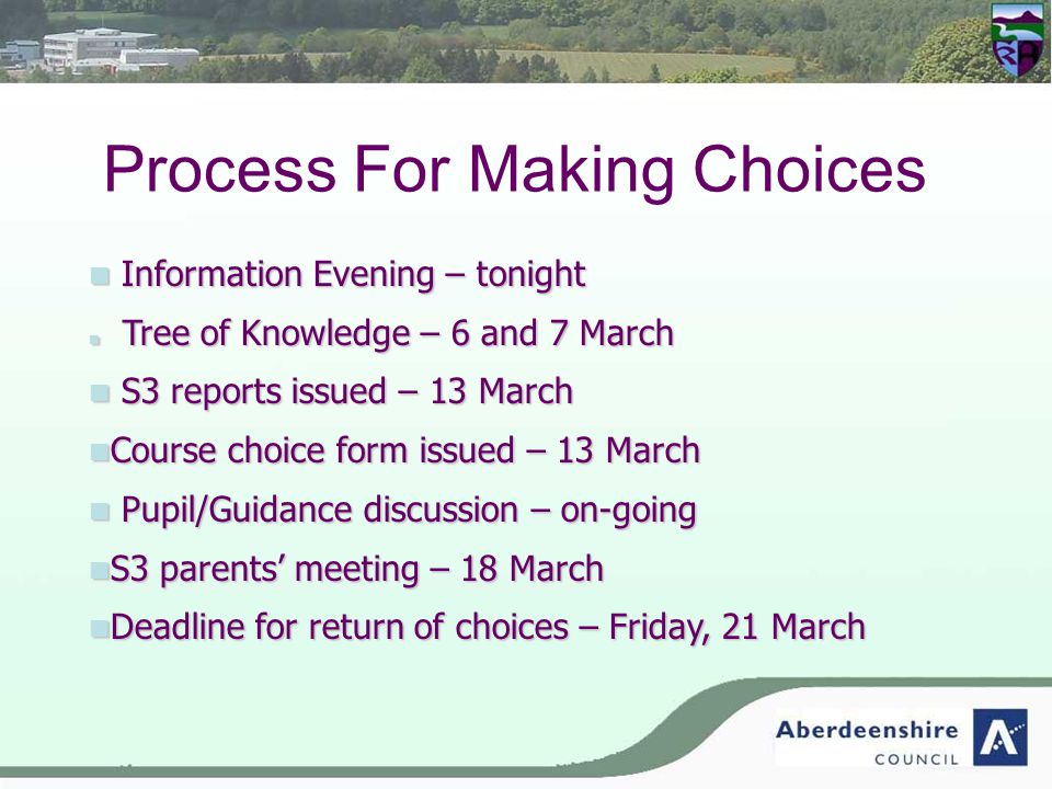 Process For Making Choices Information Evening – tonight Information Evening – tonight Tree of Knowledge – 6 and 7 March Tree of Knowledge – 6 and 7 March S3 reports issued – 13 March S3 reports issued – 13 March Course choice form issued – 13 March Course choice form issued – 13 March Pupil/Guidance discussion – on-going Pupil/Guidance discussion – on-going S3 parents’ meeting – 18 March S3 parents’ meeting – 18 March Deadline for return of choices – Friday, 21 March Deadline for return of choices – Friday, 21 March