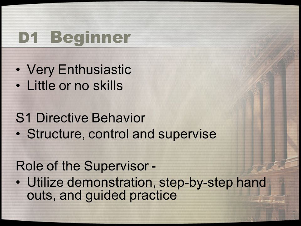 D1 Beginner Very Enthusiastic Little or no skills S1 Directive Behavior Structure, control and supervise Role of the Supervisor - Utilize demonstration, step-by-step hand outs, and guided practice