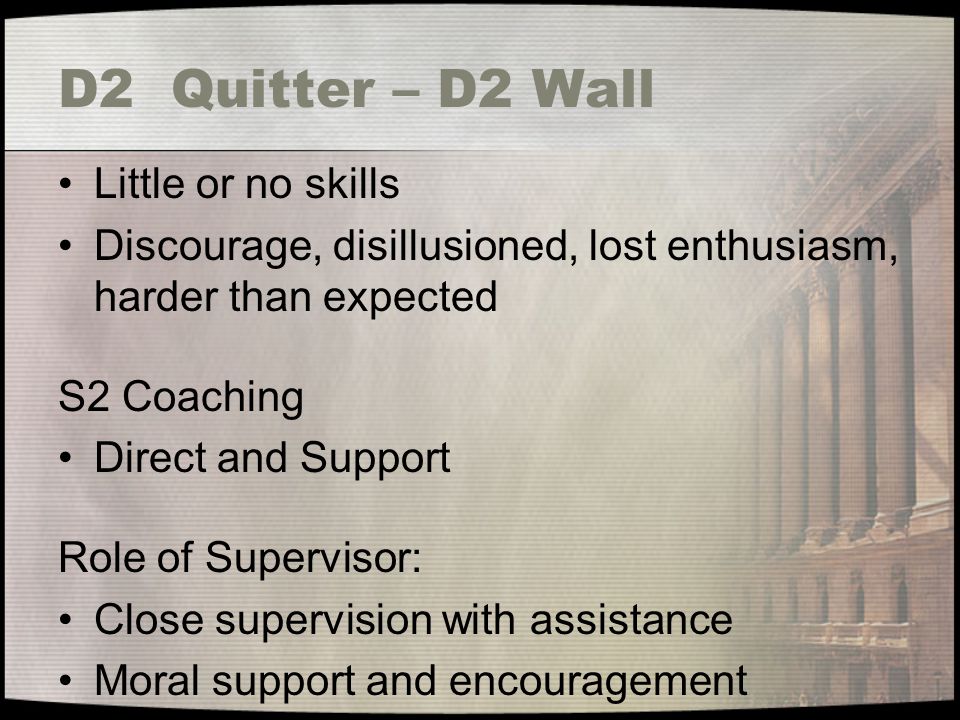D2 Quitter – D2 Wall Little or no skills Discourage, disillusioned, lost enthusiasm, harder than expected S2 Coaching Direct and Support Role of Supervisor: Close supervision with assistance Moral support and encouragement