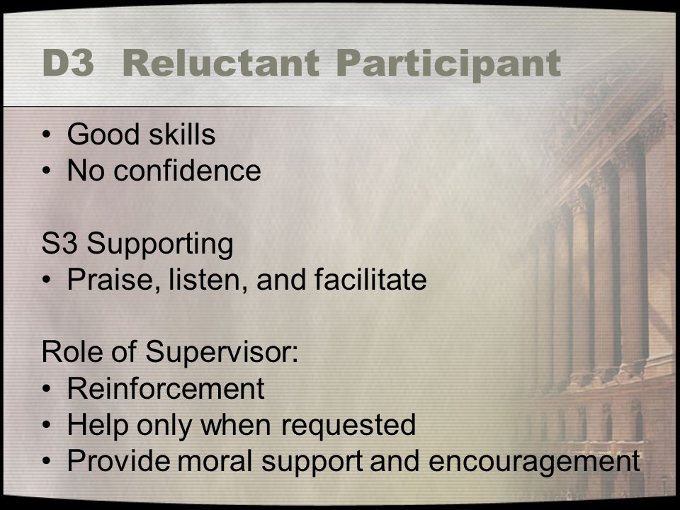 D3 Reluctant Participant Good skills No confidence S3 Supporting Praise, listen, and facilitate Role of Supervisor: Reinforcement Help only when requested Provide moral support and encouragement